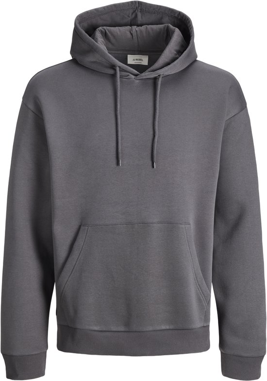 Donkergrijze hoodie met capuchon, trekkoordjes en kangoeroezak; merklabel JJ REBEL in de nek.