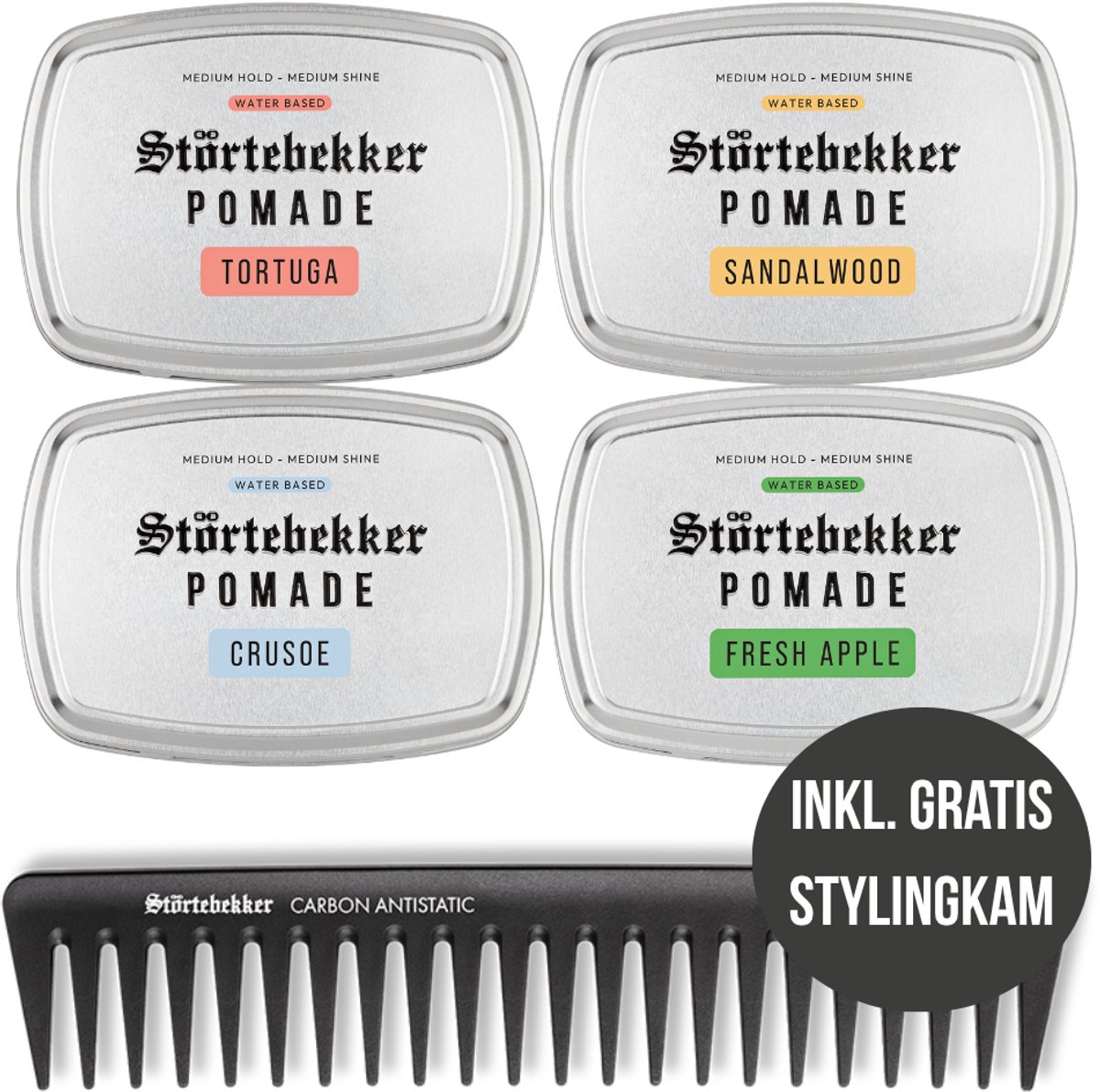 Störtebekker® Premium Pomade Waterbasis Probeerset + Gratis Styling Kam - 4x 125ml Pomade Heren - Medium Hold - Medium Glans - Haarpomade 125ml - Haarstyling Hair Wax Water Based Made in Germany