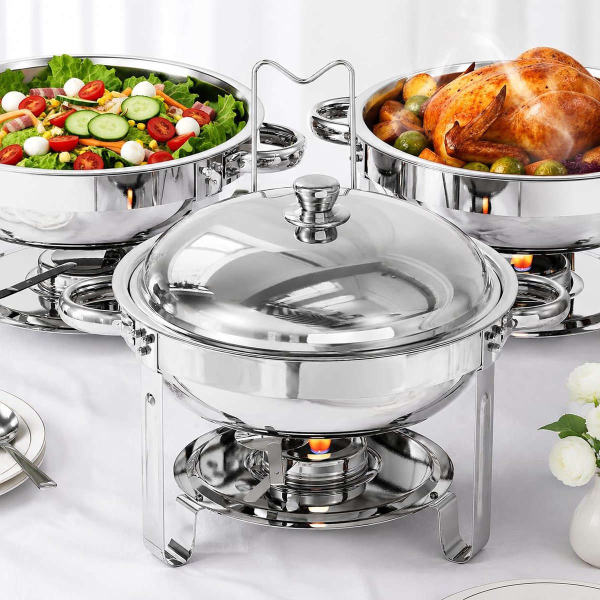 TLGREEN Chafing Dish rond 5L - Buffet Warmhoudbak met Deksel en Dekselhouder - RVS - voor Bruiloften Feestdagen Verjaardagen Buffetten Brunch