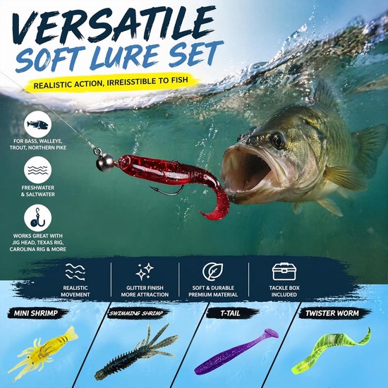 72 stuks rubberen aasset, 4 soorten visaas voor baars, snoekbaars, forel — afbeelding 5