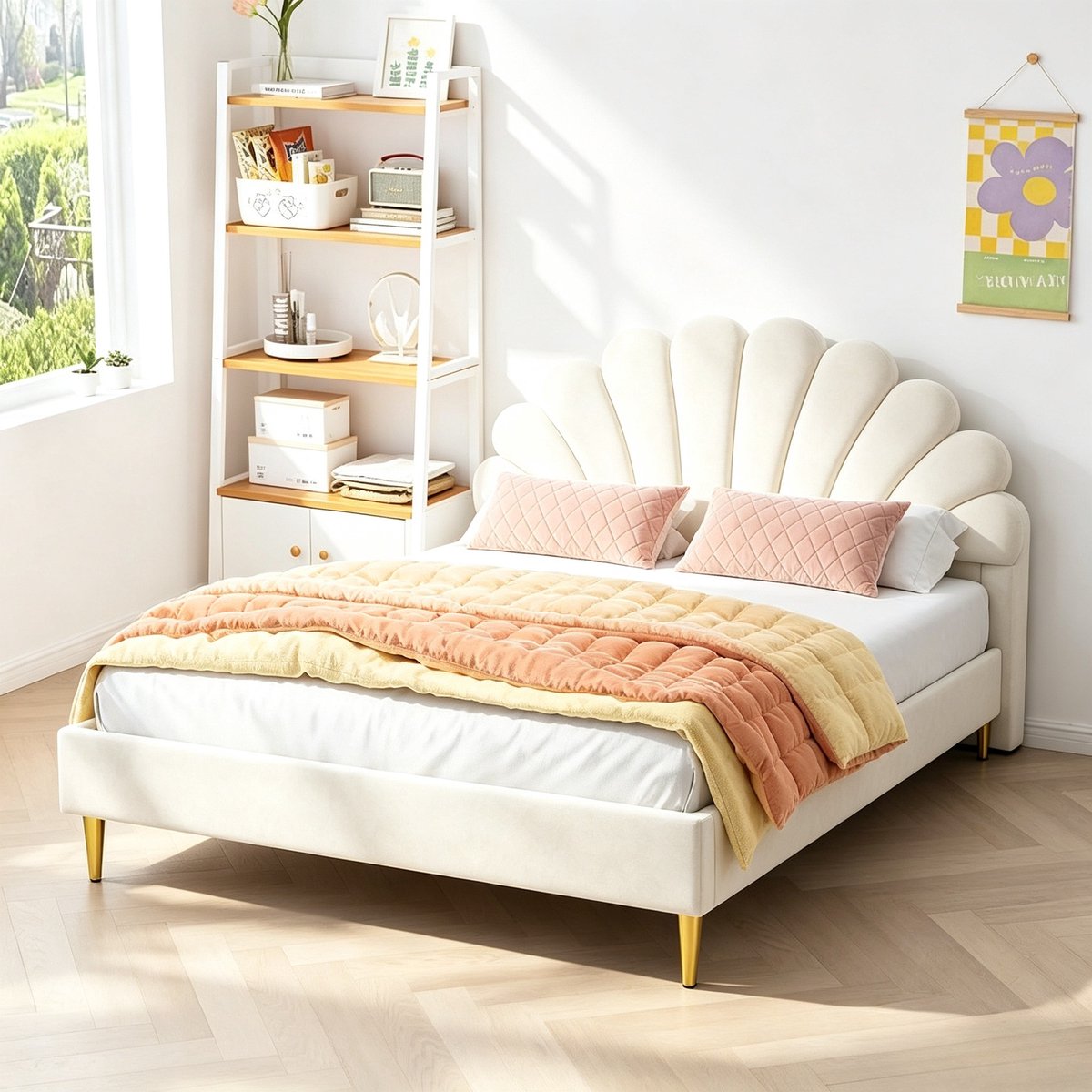 ROSAHQNDA Tweepersoonsbed 140x200 cm, 2 persoons bed met bloem hoofdbord, bedframe met lattenbodem, volwassen bed, fluweel beige, zonder matras