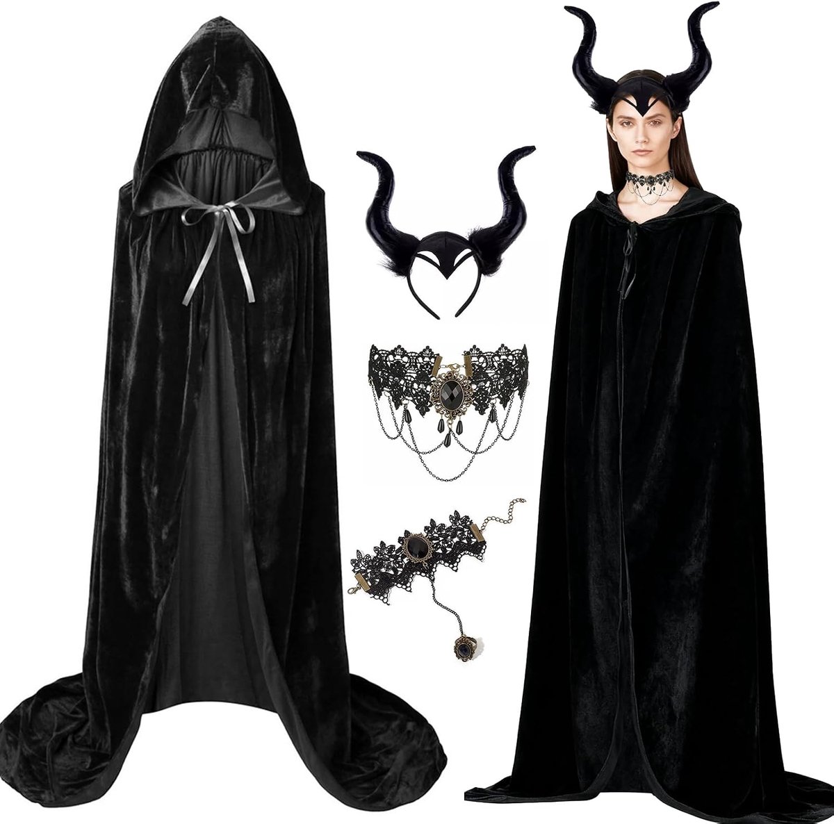 Cape met capuchon, fluwelen cape, vampier, voor dames, cape met duivelshoorns, halsketting, armband, boze koninginnenhoorns, haarband, gothic kant, accessoires, Halloween-kostuum voor dames