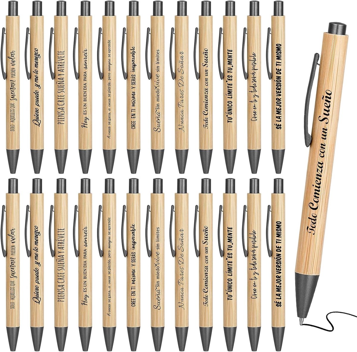 Balpennen met spreuken, houten design voor geschenken, examens, aanmoediging en herstel (Spaanse tekst)