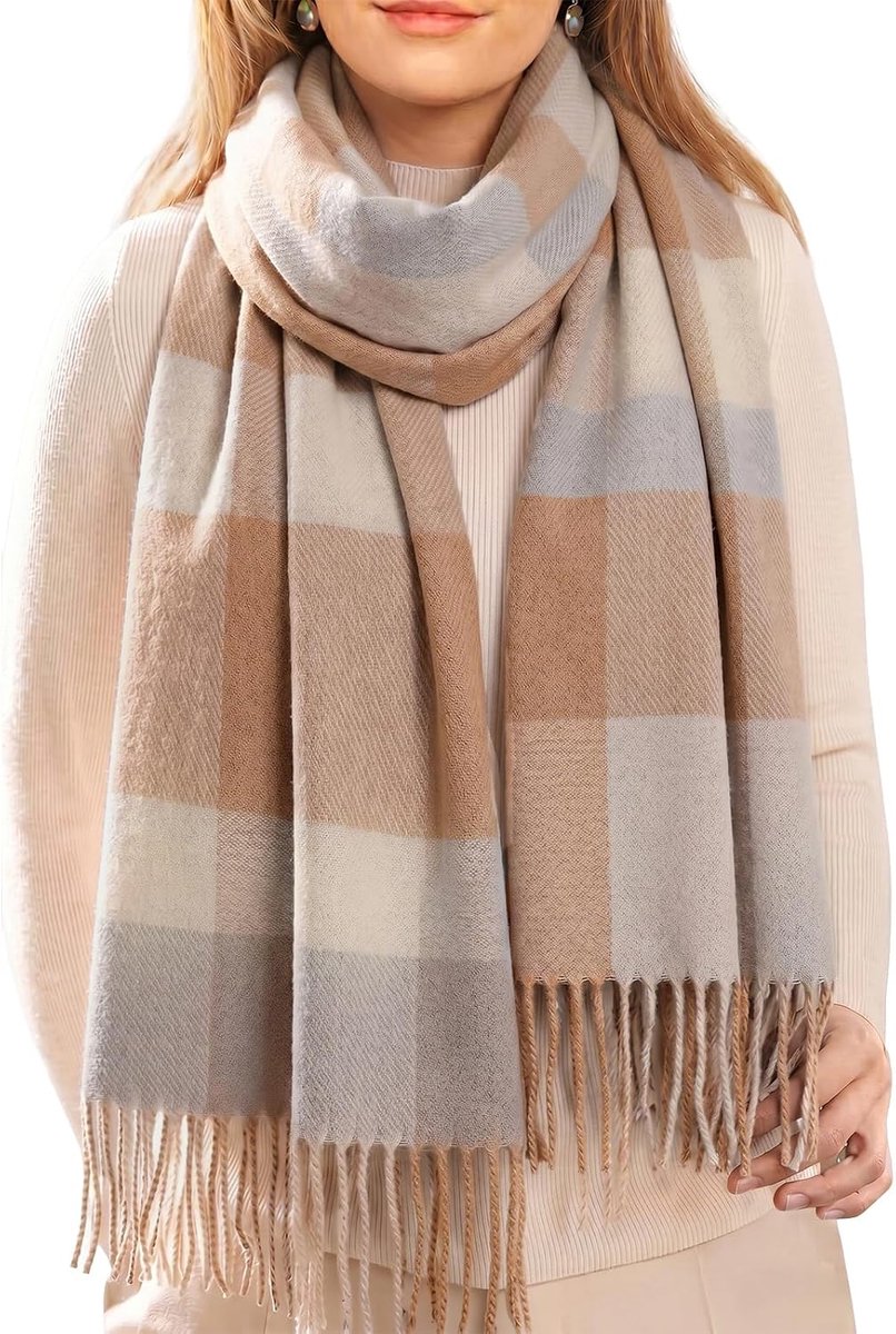 Wintersjaal voor dames, zachte geruite tartan sjaal voor dames, lange warme sjaal met kwastjes, lichte damessjaal voor herfst en winter