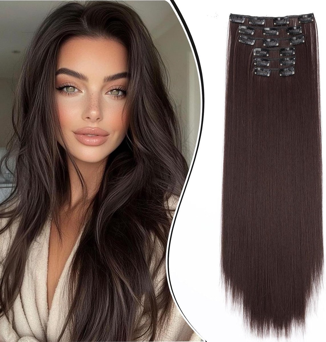 Clip in Extensies Haarstukje Haarverlenging Recht 6PCS 58cm Clip in Haarextensies Zoals Echt Haar Synthetische Lang, Middelbruin