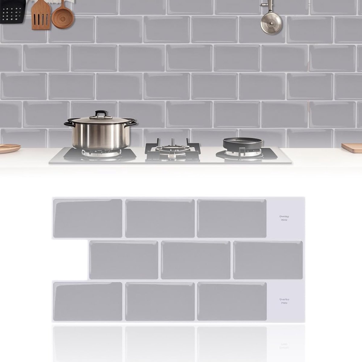 Tegelstickers, 3D-vinyl, kleeftegels, keuken, kleeftegels, badkamer, waterdicht, spatbescherming voor keuken, badkamer, muur, 30 x 15 cm, lichtgrijs