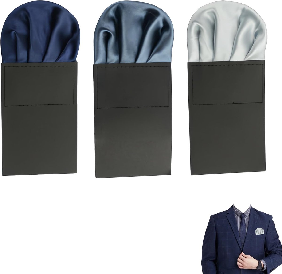 pochet set voor heren, 3 stuks met kartonnen inzet, marineblauw zilver en donkergrijs, insteek pochet voor pak, bruiloft, zakelijke afspraken en gala