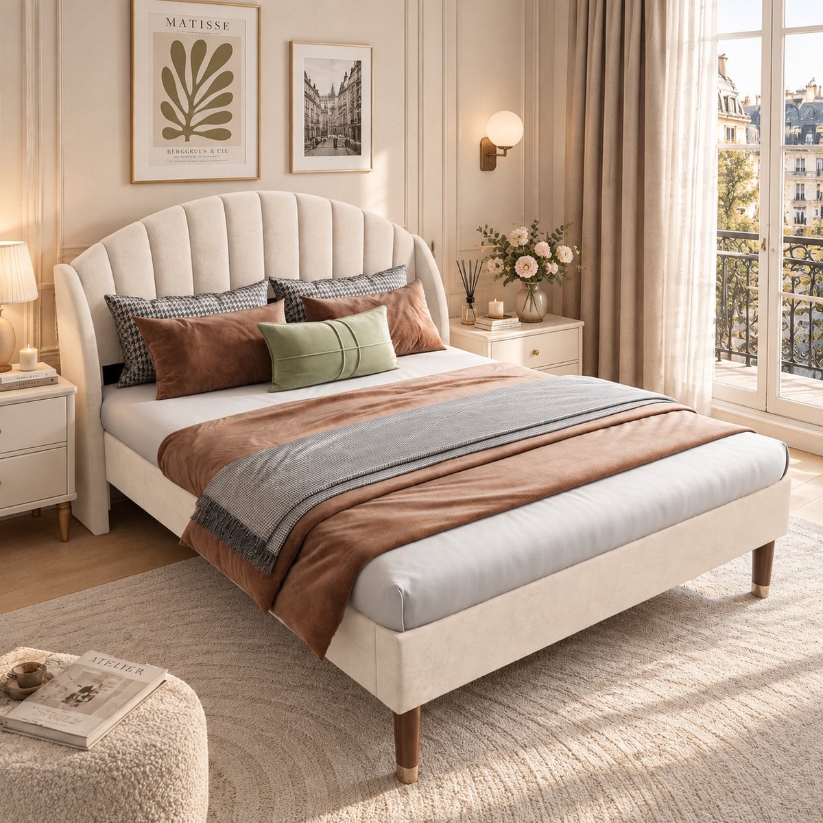 MEXUS Gestoffeerd Tweepersoonsbed 140x190 cm, bedframe met lattenbodem van massief hout,voor volwassenen en tieners, modern, stil, fluweel (Beige)