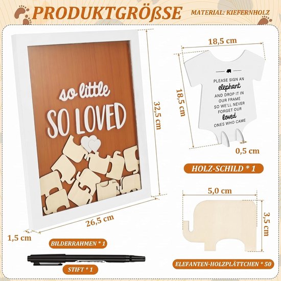 gastenboek fotolijst van hout, babyshower decoratie met 50 houten olifantenkaarten om in te vullen, creatief gastenboek, doopboek voor babyshower, decoratie meisjes en jongens — afbeelding 2