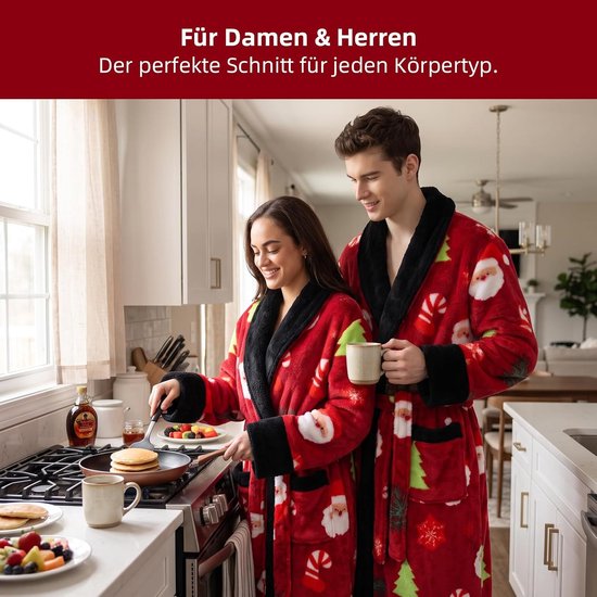 Badjassen Mannen en vrouwen Universeel Zacht flanel materiaal Extra grote zak ontwerp Een maat Als cadeau voor een vriendin Moeder Vriend (Red Christmas) — afbeelding 2