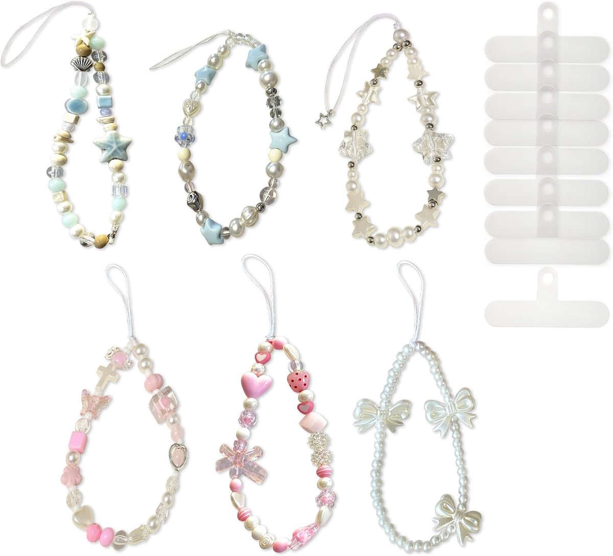 6 Stuks Kralen Telefoon Armband, 3 Kleuren Telefoonbedeltje met Kralen, Schattig Mobiele Telefoon Kralen Lanyard met 9 Telefoon-Tabs als Korte Draaglus voor Camera en Decoratie