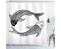 ABAKUHAUS Koi Fish Douchegordijn, Illustratie van Two Japanese Carps Symbol van Love Friendship en Prosperity, Stoffen Badkamerdecoratieset met Haken, 175 cm B x 190 cm L, Houtskoolgrijs Grijs Wit