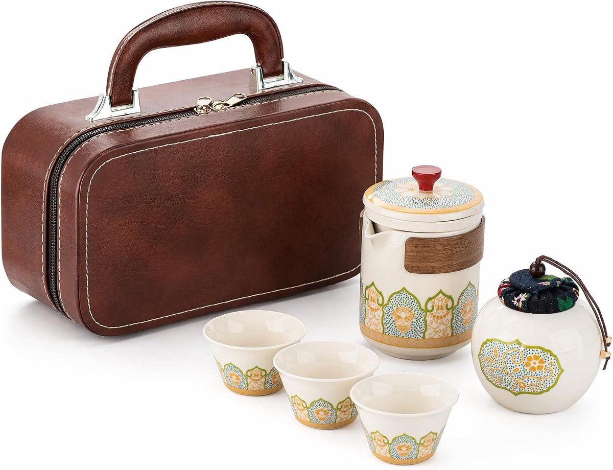 Chinese theeservies van keramiek, draagbaar, met reistas, 1 theepot, 3 kopjes en 1 theehouder, voor reizen, cadeau, outdoor