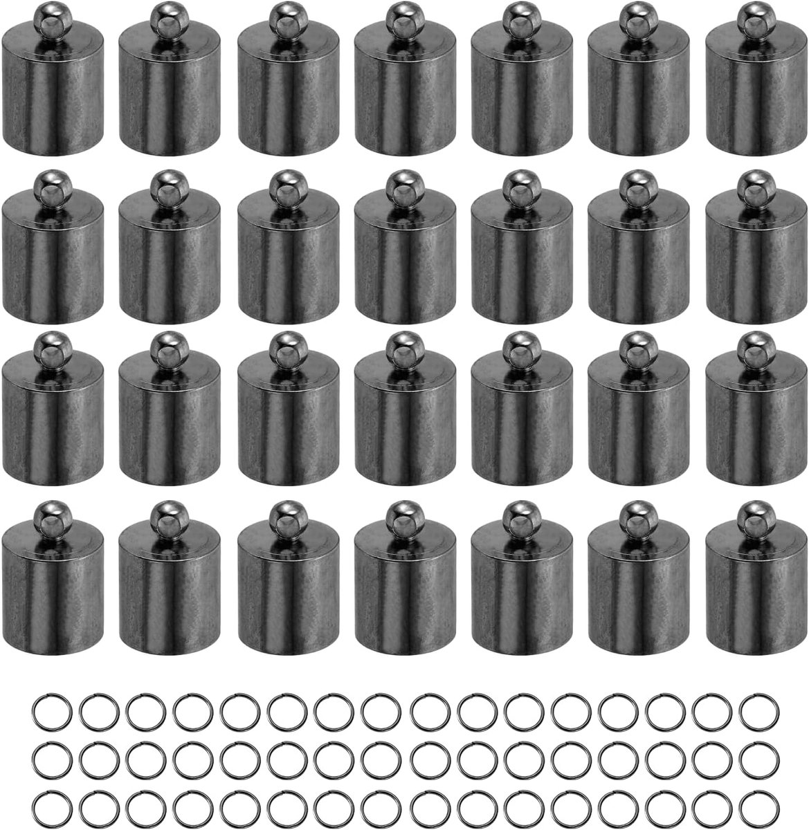 100 stuks lederen koord-eindkappen met kwastuiteinden en verbindingsringen, zwart, 9,5 x 10 x 14 mm
