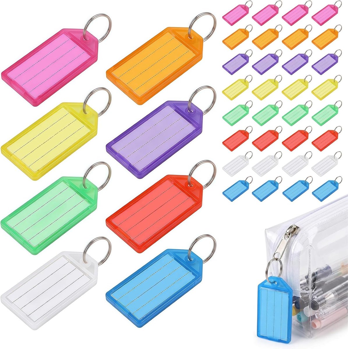 Sleutelhangers om te beschrijven, 40 stuks beschrijfbare sleutelhangers in 8 kleuren met transparant venster en metalen ring, ideaal voor sleutels, koffer en bagage