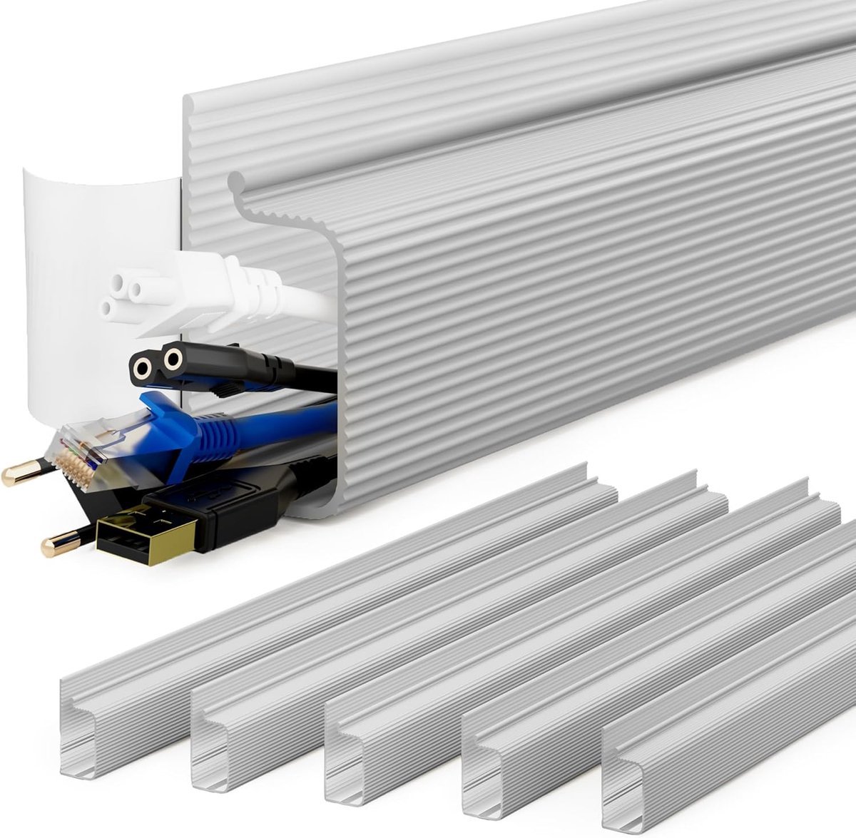 Set van 6 stuks - Kabelgoot van 40 cm - Kabelmanagementkanaal - Zelfklevende bureau-kabelorganizer - Kabelhub - Kabelmanagementbox - Grijs