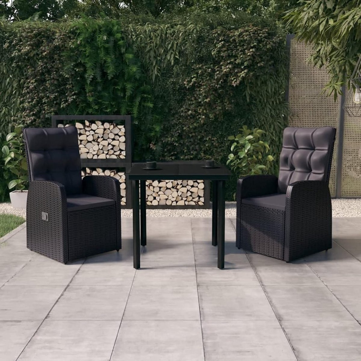 3-delige set, tafel en 2 stoelen, voor de tuin, voor buiten, van polyrotan en glas, zwart, tafel en tuinstoelen van rotan, set van glas en 2 verstelbare tuinstoelen