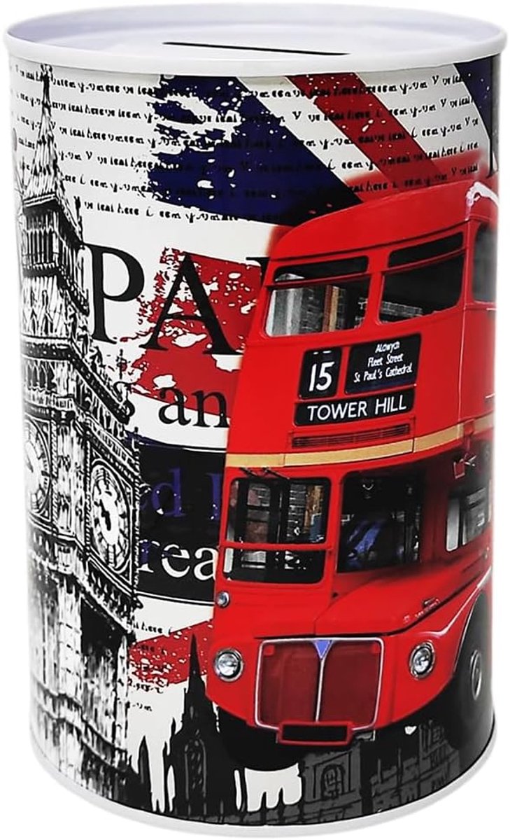 Spaarpot Design London karakteristieke elementen van de stad en monumenten, Big Ben Victoria Tower Gardens van metaal, niet te openen blikje, 13 x 8 cm