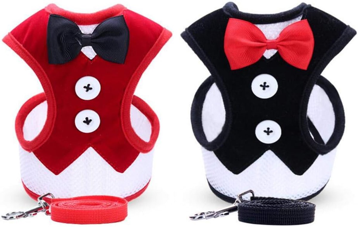 2 Pack Kleine Hond Vest Harnas voor Puppy Katten Verstelbare Mesh Harnas en Lijn Set Huisdier Bowtie Bruiloft Pak Kleding