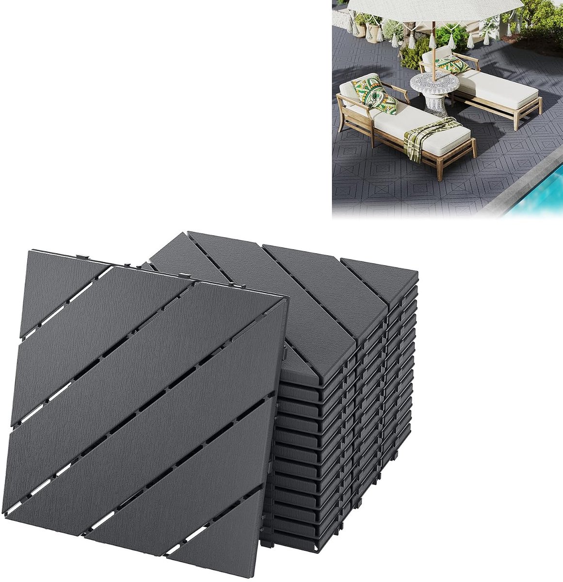 Balkontegels, terrastegels met houtnerflook, weerbestendig, met drainagefunctie, kliktegels, terras, weerbestendige platen voor balkon, antraciet, type C, 55 stuks, 5 m²