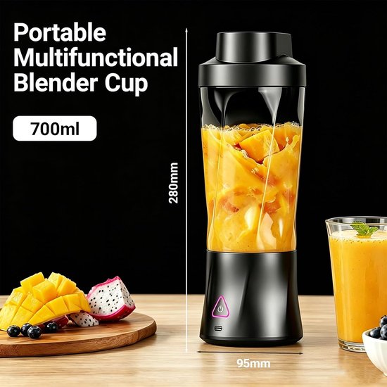 Mixer, 700 ml smoothie maker to go, 6-bladen, draagbare blender, Fresh Juice mixer, USB-mini-blender voor sap, jam, shake, smoothie (zwart, 6000 mAh) — afbeelding 2
