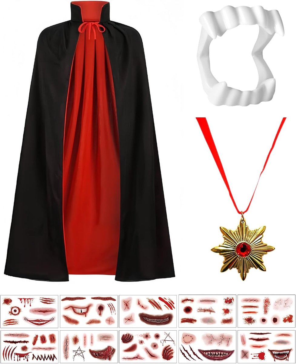 Costume Kids 4 PCS Set, Reversible Stand-up Collar Kids Vampire Costume with Teeth, Necklace, Suitable for Halloween and Role Play
