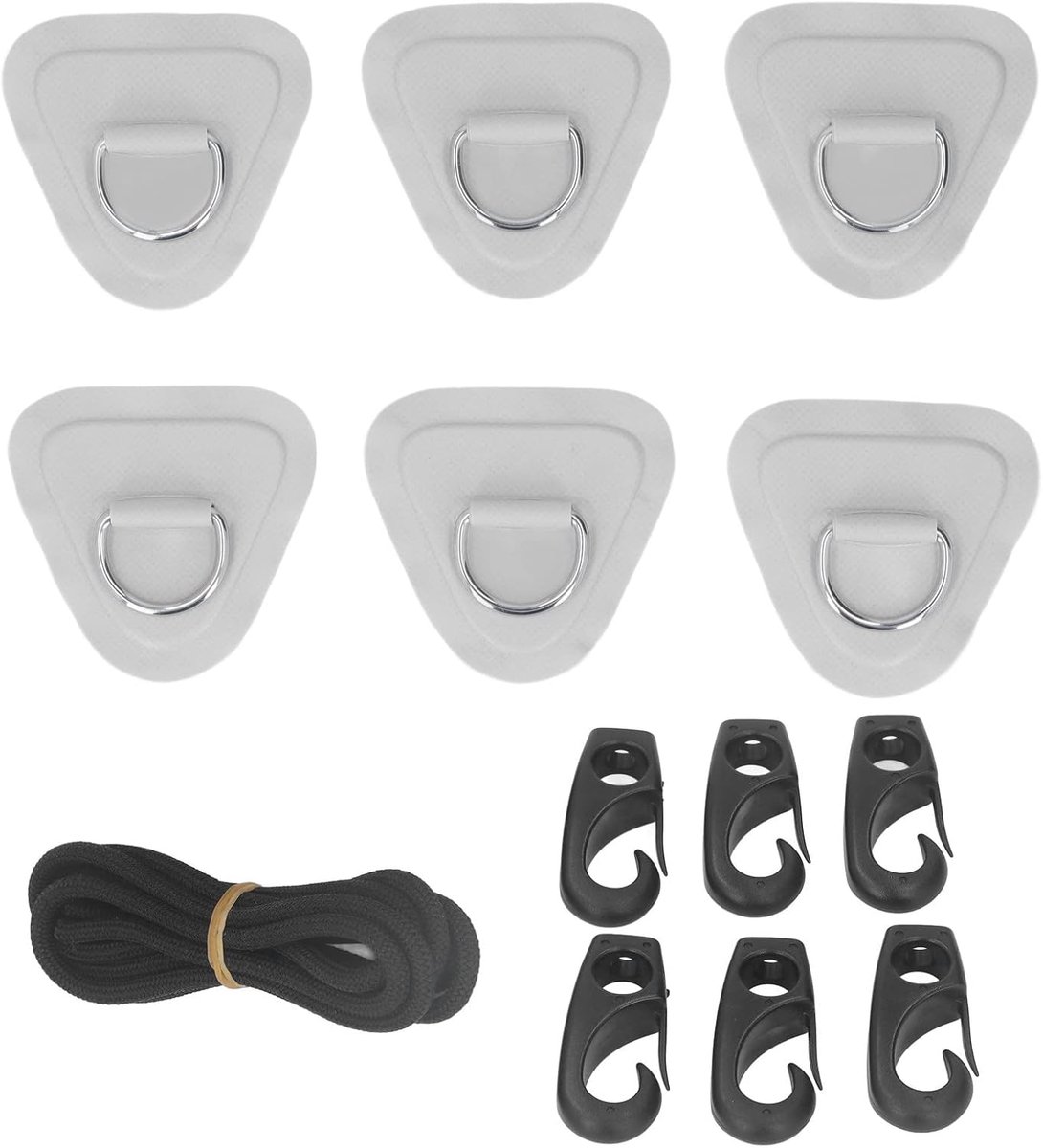 D-ringpatch, elastische touwset, D-ringpatch, bungee-touwset van roestvrij staal, voor opblaasbare boten, kano's, kajaks, surfplanken, 6 stuks (grijs)