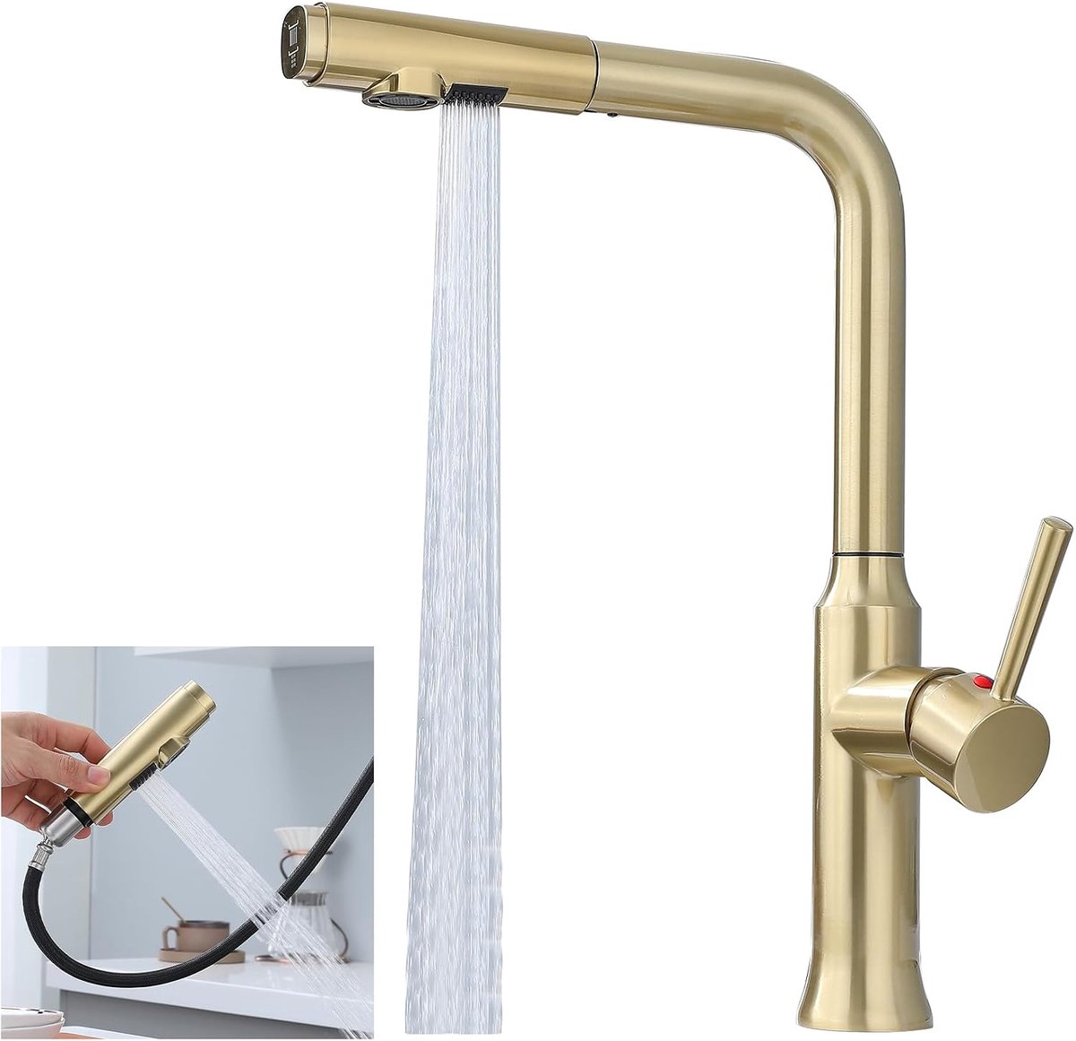 Keukenkraan met uittrekbare sproeier, handdouche, watermengkraan (lichtgoud)