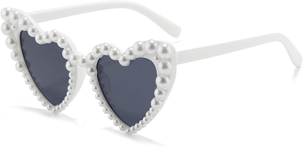 Parel Zonnebril voor Vrouwen Liefde Hart Zonnebril Vintage Fashoin Cat Eye Zonnebril Party Festival Zonnebril UV400, Wit