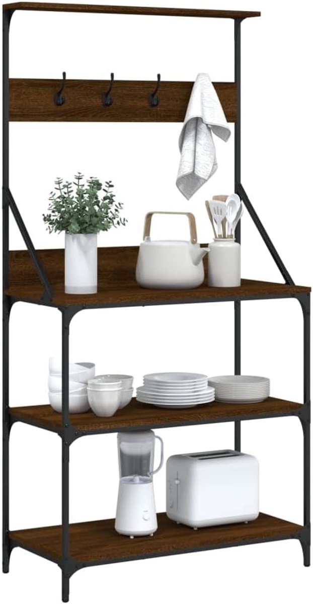 Bakkersrek, magnetronrek, keukenrek, huishoudrek, staand rek, magnetronhouder, bakkersrek, rek met haken, 4 planken, bruin, eiken-look, houtmateriaal