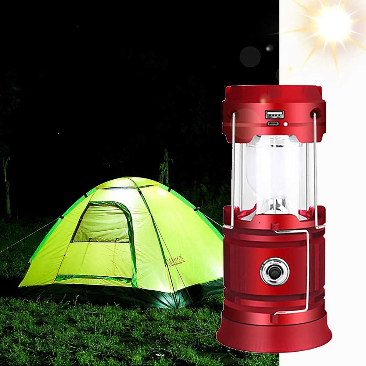 Lamp Camping Lantaarns, ZVO LED Solar Lantaarn, USB Oplaadbare draagbare zoeklicht, opvouwbare zaklamp IP65 waterdicht voor wandelen vissen stroomuitval nood licht(Rood)