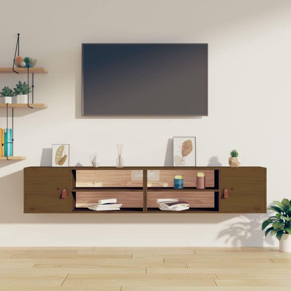 Wandplank deco muur planken veelzijdige decoratieve plank wandkasten 2 STK. honingbruin 80x30x30 cm massief hout grenen geschikt voor woonkamer, slaapkamer, kantoor