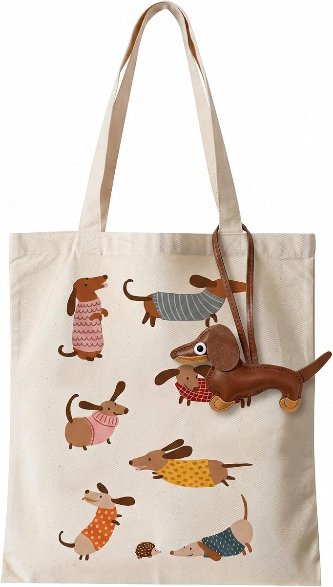 Teckeltas van canvas, 1 canvas jute tas + 1 teckelhanger, praktische draagtas voor dames en ideaal cadeau-idee voor hondenliefhebbers