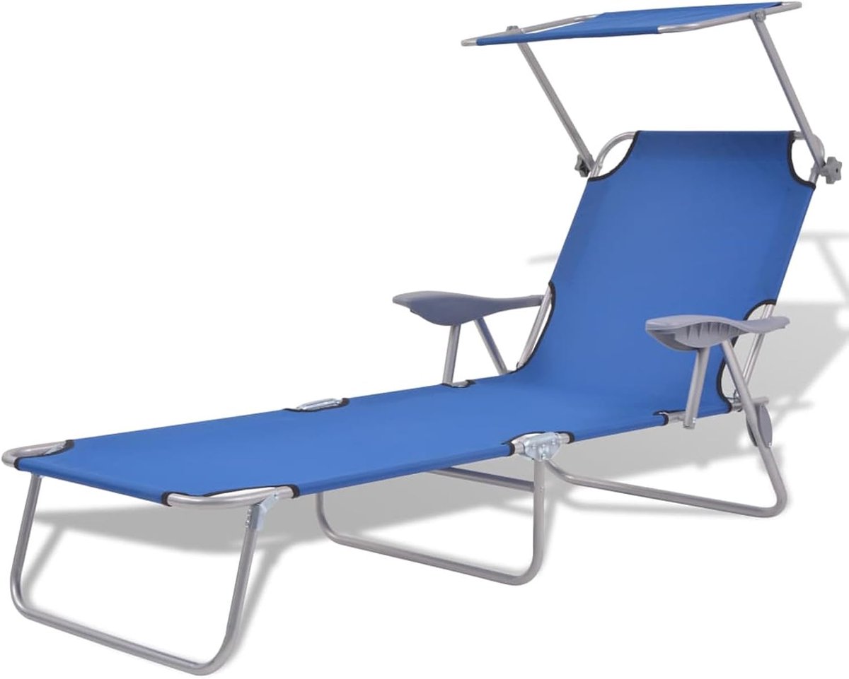 Zonneligstoel met baldakijn van blauw staal, ligstoel, tuinstoel, tuinmeubelen, tuinstoel, tuinligstoel, 42931