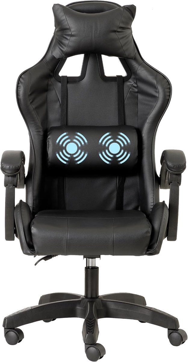 Home Ergonomische gamingstoel met lendenmassageapparaat, bureaustoel met verstelbare rugleuning, met verstelbare kussens, hoofdsteun en rugsteun, 50 x 55 x 117 cm, zwart