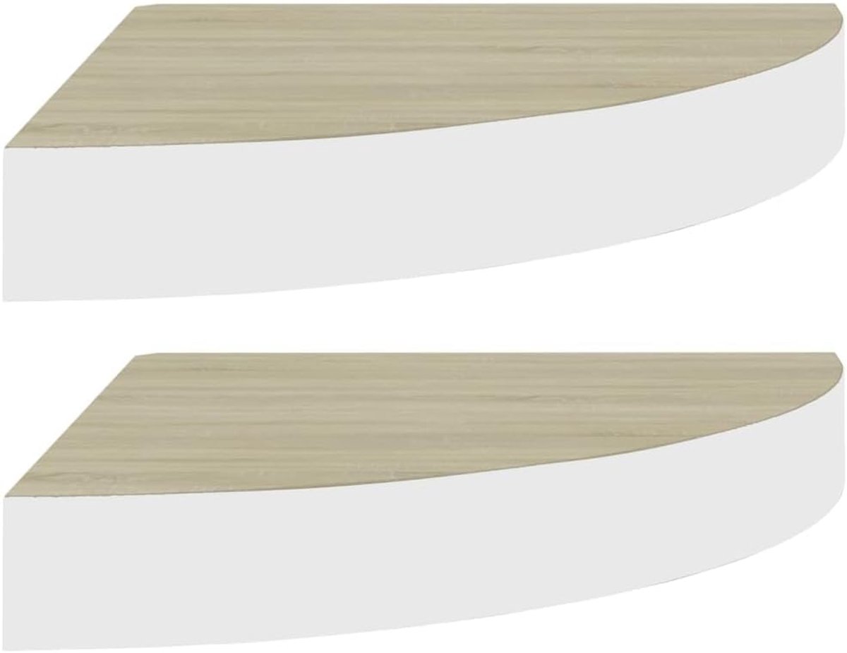 Book Shelf Planken Muur Wandstelling Keuken - Hoekplank 2 stuks. Eiken en Wit 25x25x3,8 cm MDF voor Kantoor Slaapkamer Woonkamer Balkon