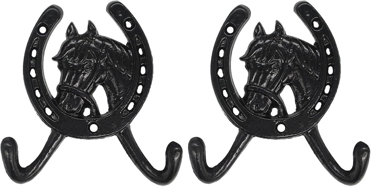 2 stuks paardenmuurhaken: smeedijzeren hoefijzerhanger - decoratie in schuurstijl - decoratieve dierenhaak voor het opbergen van de wasruimte en het ophangen van badjassen