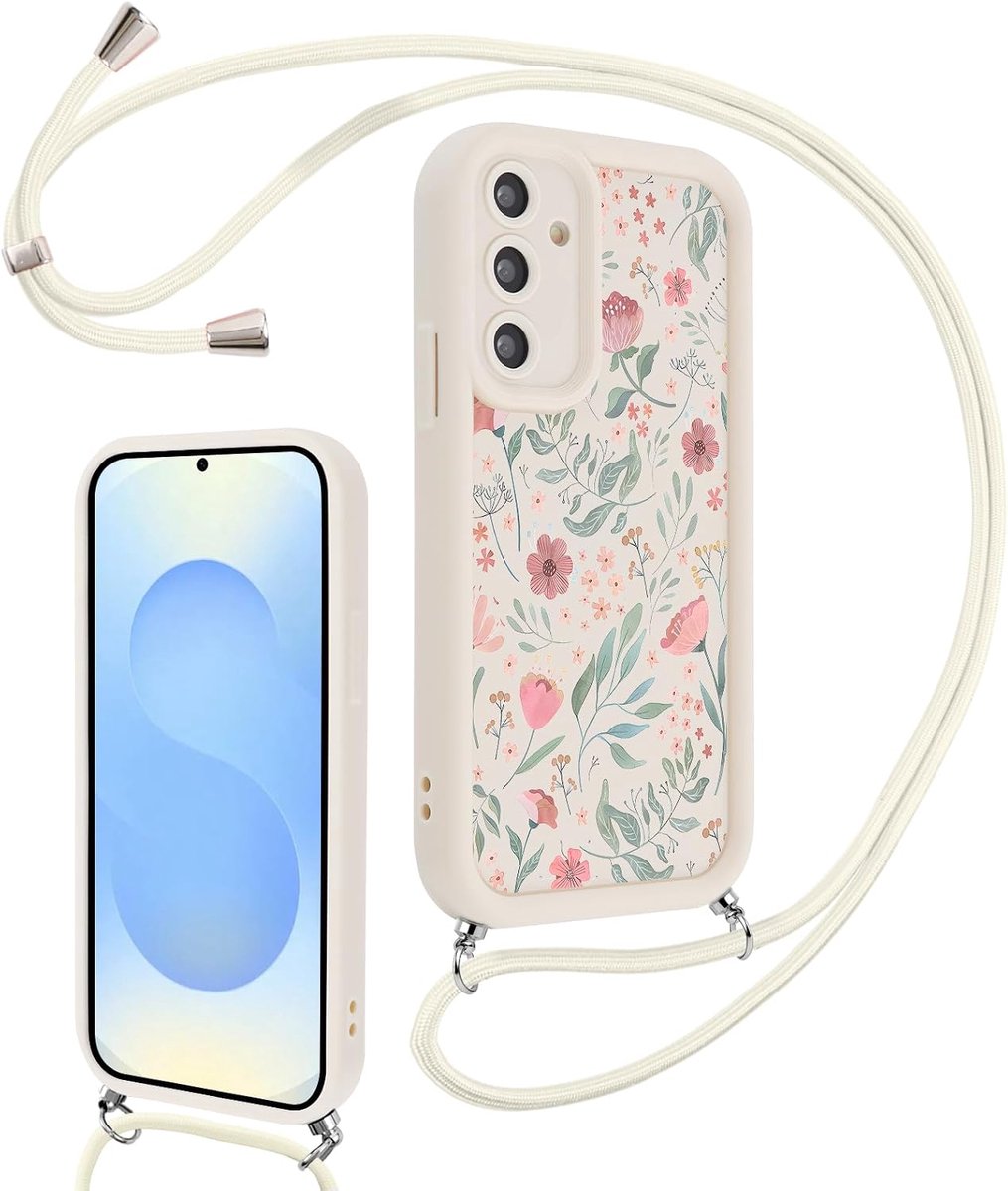 Beschermhoes voor Samsung Galaxy S25 5G, bloemenpatroon, dames, om te hangen, koord, ketting, zacht, ultradun, schokbestendig, beige 04