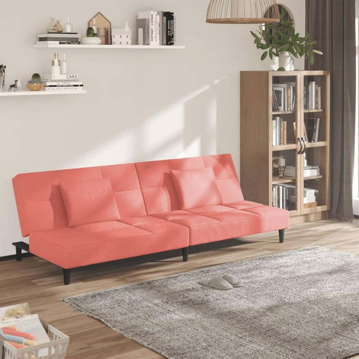Slaapbank 2-zits met 2 kussens, roze fluweel, slaapbank, dagbed, slaapbank voor woonkamer, logeerkamer, kleine woningen