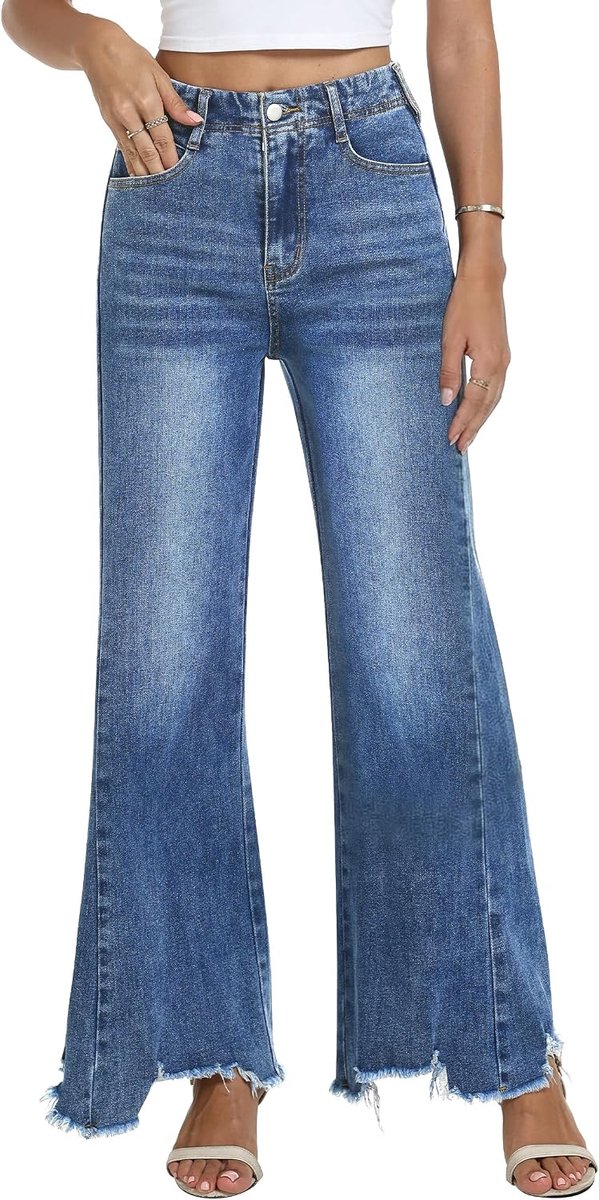 Jeans voor dames, dames baggy stretchy halfhoge losse gerafelde zoom denim broek met zakken Y2K
