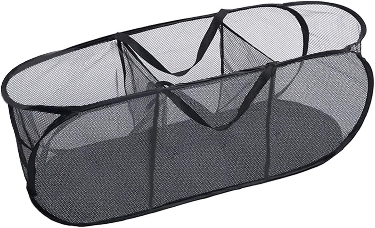 Wasmand, opvouwbaar, groot, mesh, pop-up opvouwbare wasverzamelaar, 3 vakken, zwart, grote opvouwbare wasmanden voor wasgoed, speelgoed, opbergmand