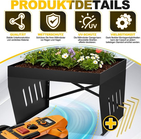 Garage voor robotmaaier, met plantenbak, verzinkte beschermoverkapping, carport, overkapping voor grasmaaier, grasmaaier, uv-bescherming, ideaal tegen regen en hagel, 42 x 61 x 70 cm, zwart — afbeelding 2