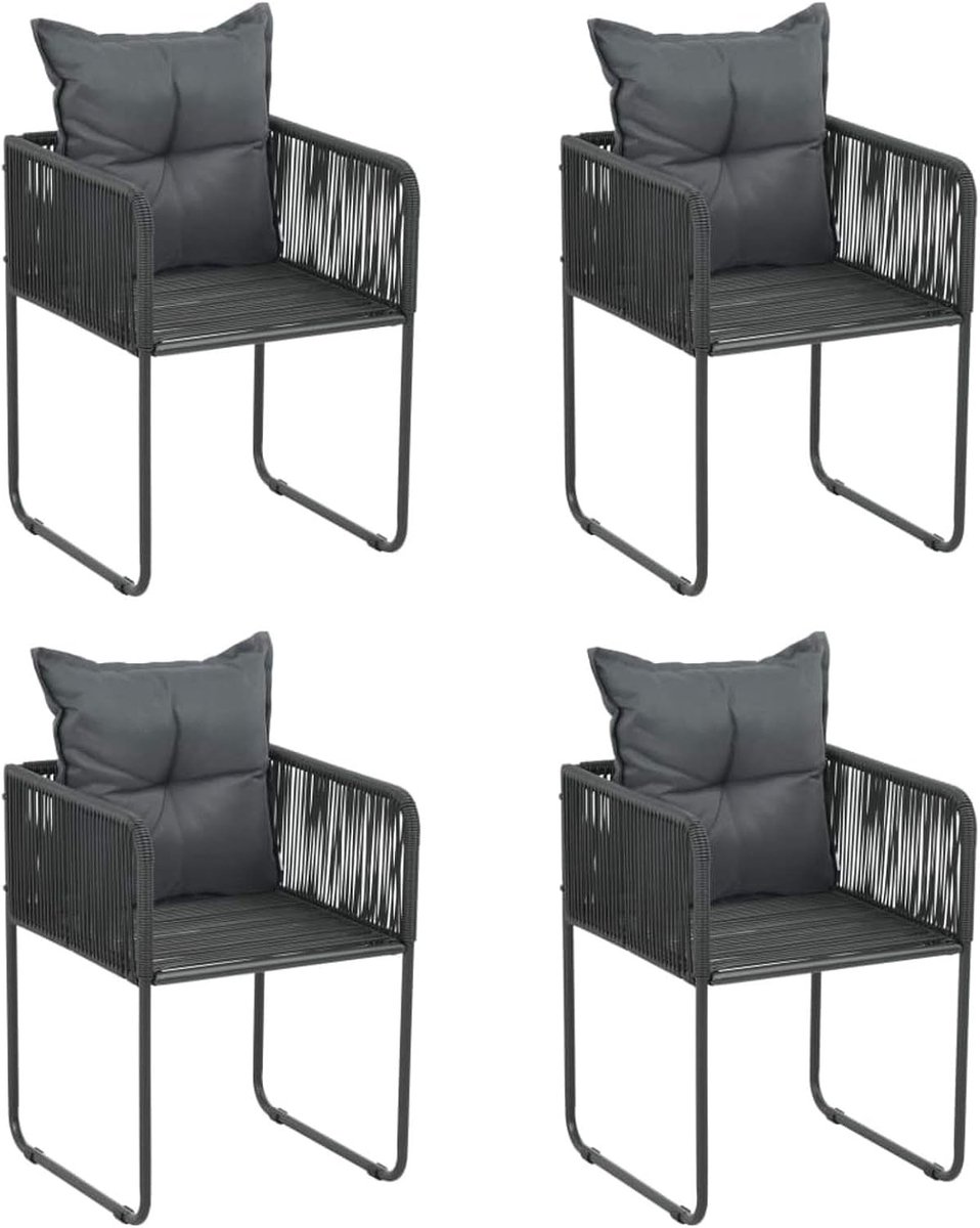 Tuinstoelen met kussen, 4 stuks, eetkamerstoelen voor tuin, fauteuil, voor terras, buiten, balkon, terras, rotan, zwart