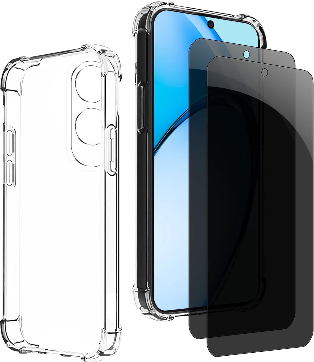 Inkijkbescherming voor Oppo A60 4G, 1 TPU-hoes met 2 stuks pantserglas, 9H glas, anti-spy folie, transparante siliconen beschermhoes, anti-geel, slank