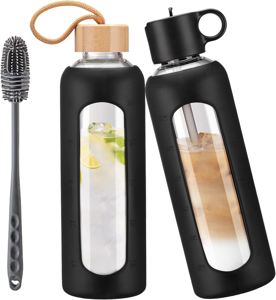 750 ml glazen waterfles met 2 deksels-flip-rietjesdeksel, bamboe deksel, glazen waterfles met siliconen hoes, motiverende tijdmarkering, glazen sapfles voor koude drank, zwart