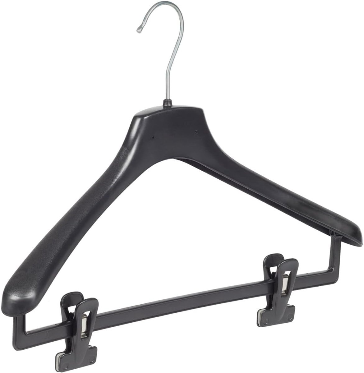 Kleerhanger, Mantelhanger, Kostuumhanger, Jassenhanger, set van 50 Stuks, Kunststof, Zwart, Broeklat met Knijpers, Brede schouders, 360° Draaibare Haak, 40 cm (FR40/BC_00/50)