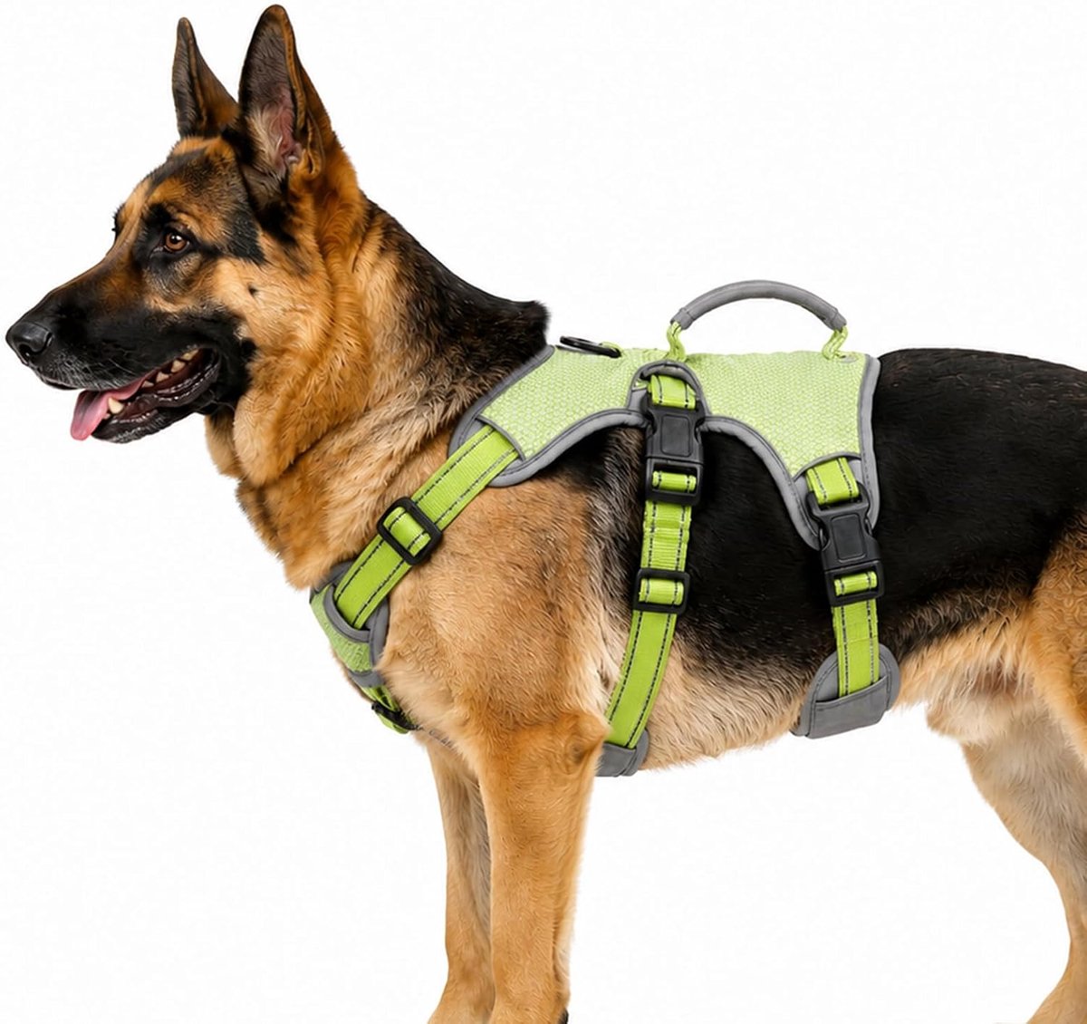 Hondentuigje voor meervoudig gebruik, ontsnappingsbestendig, trekt niet, reflecterend, verstelbaar vest met duurzame handgreep, uitlaatharnas voor grote of actieve honden (groen, XL)