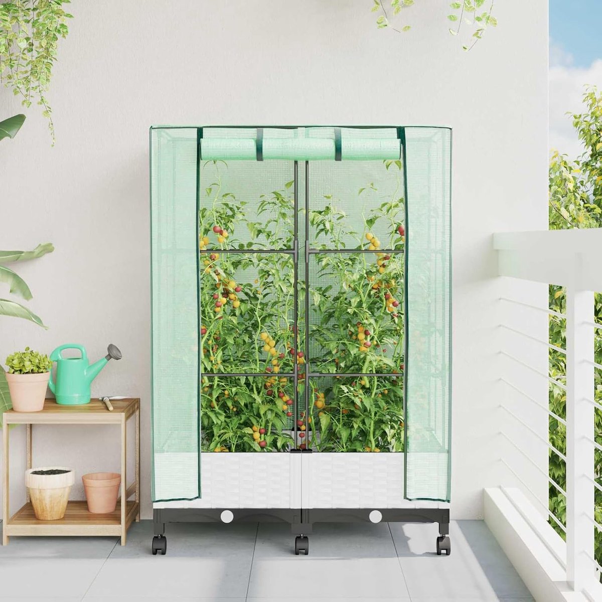 Tuinplantenbak met broeikasafdekking en wielen, mobiele plantenbak van metaal met beschermdak voor planten, 2 stuks, wit, voor balkon, terras, tuin