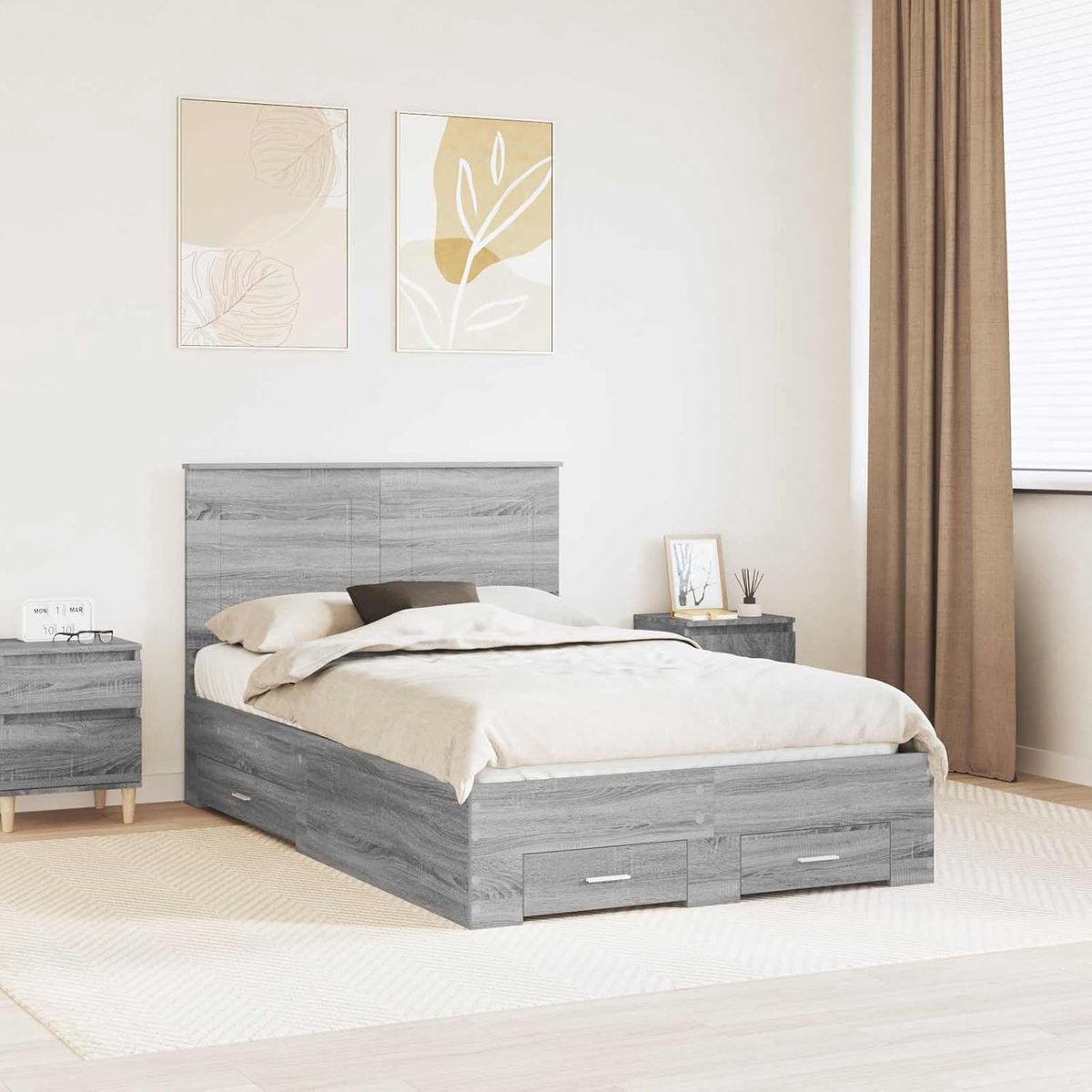 Opbergbedframe met hoofdeinde Modern houtnerf Grijs Sonoma 120x190 cm