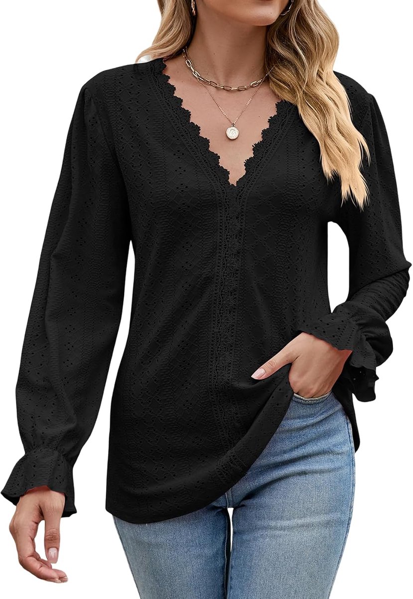 Damesblouse met lange mouwen, bovenstuk, elegante trui, V-hals, tuniek, casual, pofmouwen, blouseshirt, basic top